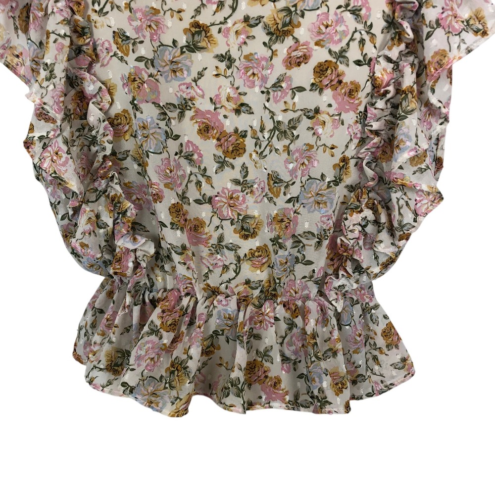 Fashion Nova Floral Print Ruffle Wrap Crop Top Size S Cream V-Neck Coquette Y2K - Picture 7 of 8